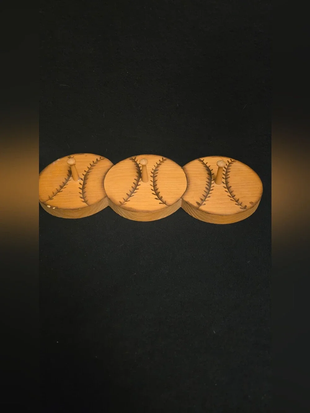 Vintage Yellow Wooden Baseball Three-Hook Rack